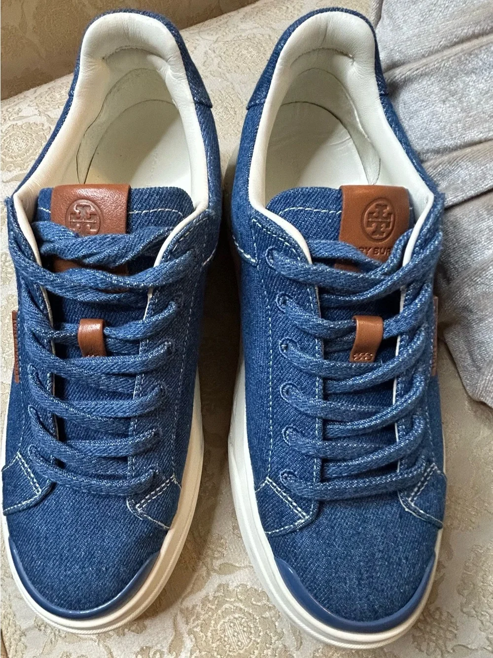 Sz 7.5 Tory Burch Ladybug Denim Leather Sneakers in “Azul”